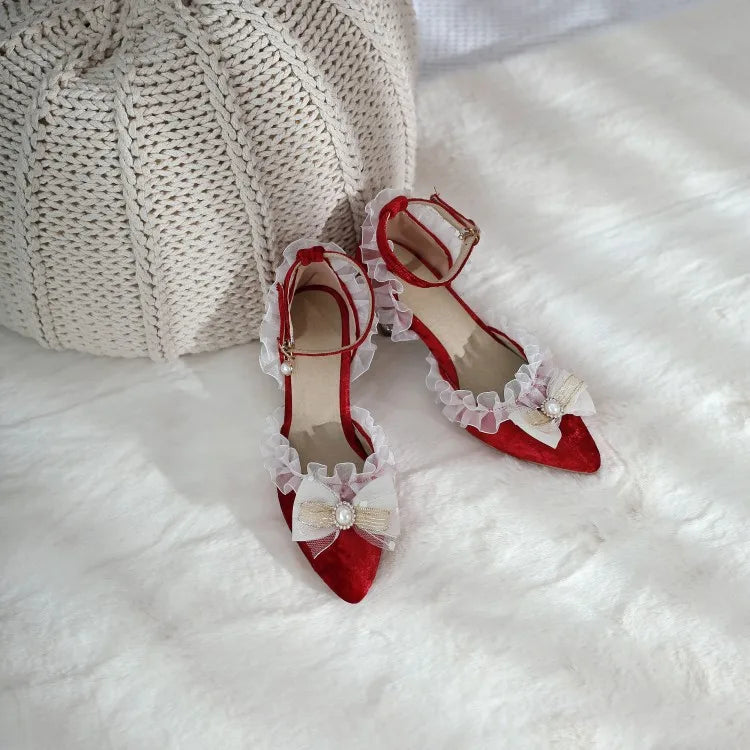 35-45 Red Metal Rhinestone Pearl Sandals Velvet Lolita Princess Shoes | CoyBunny