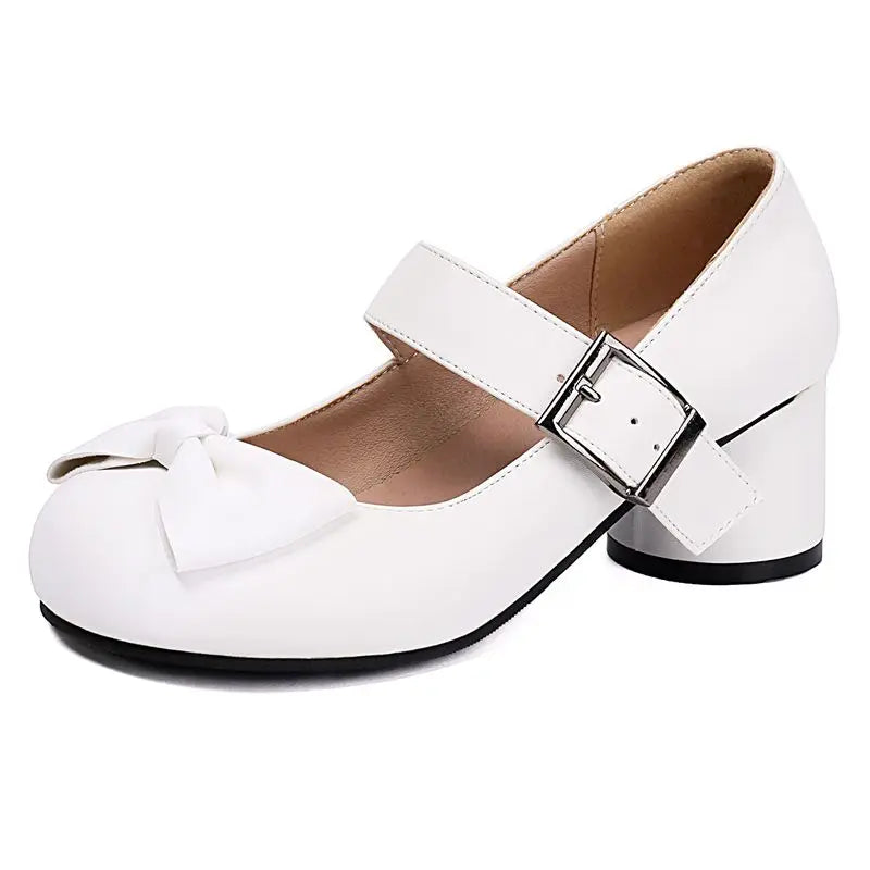 32-48 Mary Janes Pumps Round Toe Chunky Heels Buckle Strap Bowknot | CoyBunny