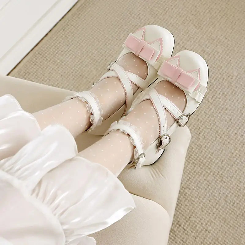 34-48 Sweet Lolita Pumps Block Heel Bowknot Ankel Buckle Strap Shoes | CoyBunny