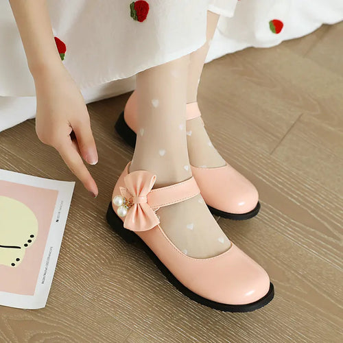 30-44 Sweet Pearl Bow Flat Heel Black Lolita Mary Jane Shoes | CoyBunny