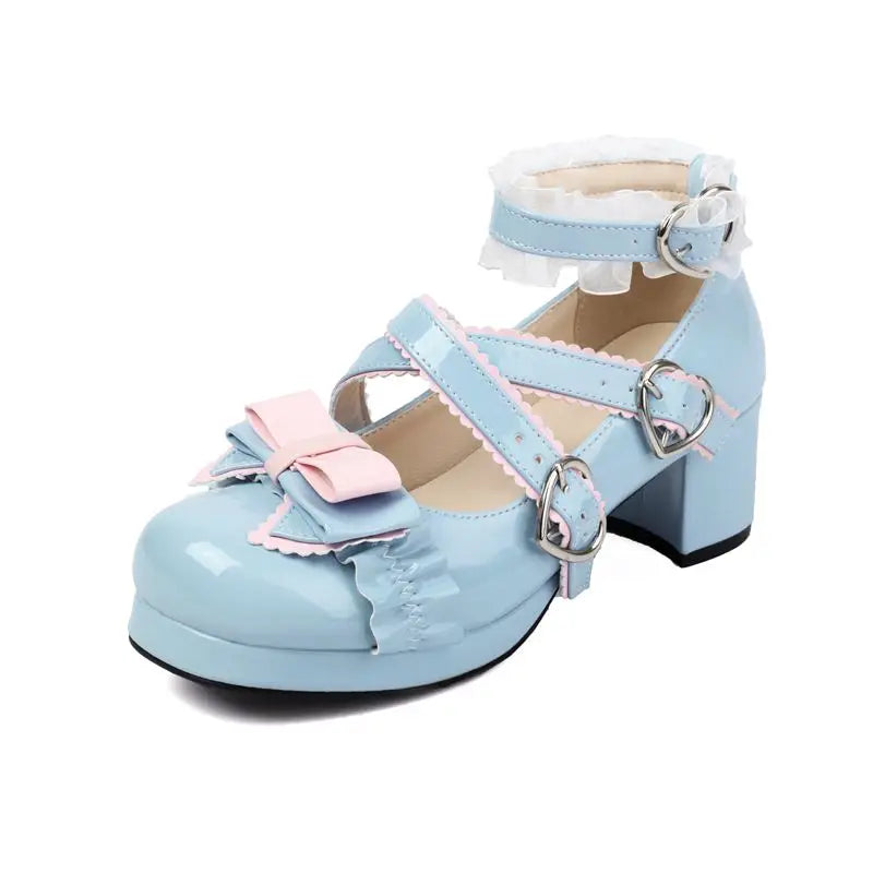 34-48 Sweet Lolita Pumps Block Heel Bowknot Ankel Buckle Strap Shoes | CoyBunny