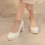 34-46 Elegant Cheongsam Round Toe Pearl One-piece High Heels | CoyBunny