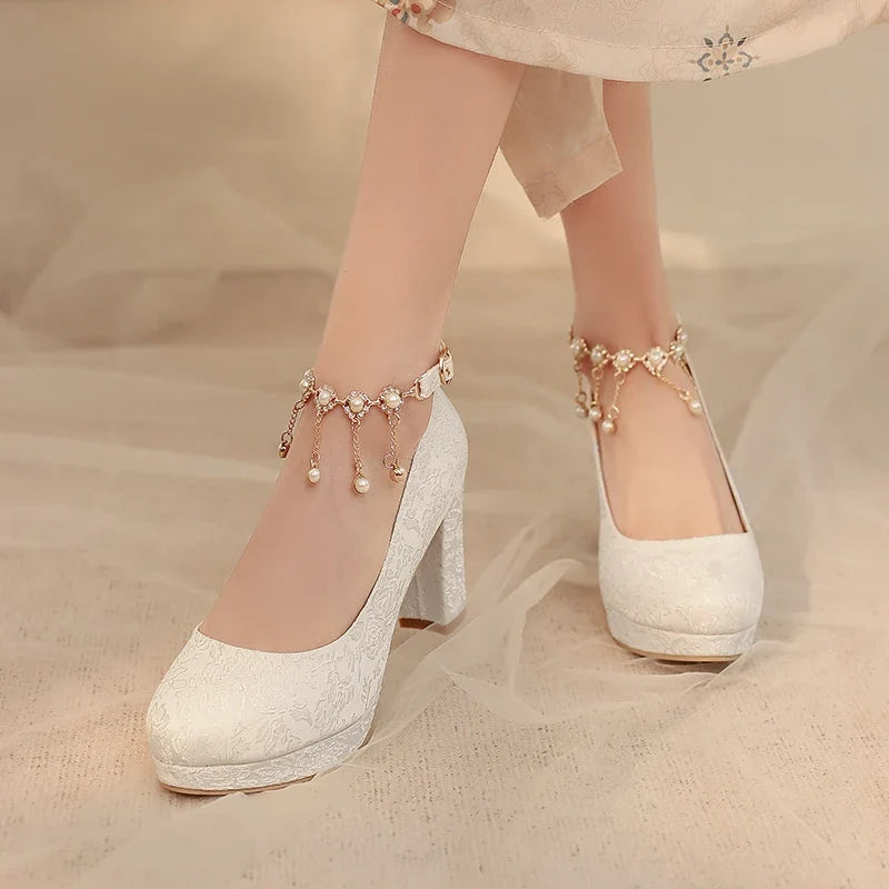 34-46 Elegant Cheongsam Round Toe Pearl One-piece High Heels | CoyBunny