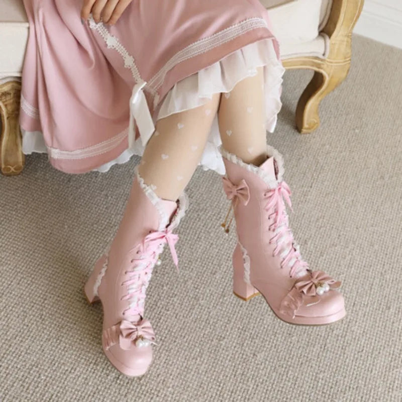Cross Lace Bow High Heel Boots - Lolita Party Shoes | CoyBunny