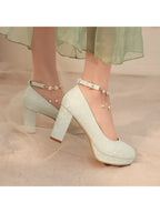 34-46 Elegant Cheongsam Round Toe Pearl One-piece High Heels | CoyBunny