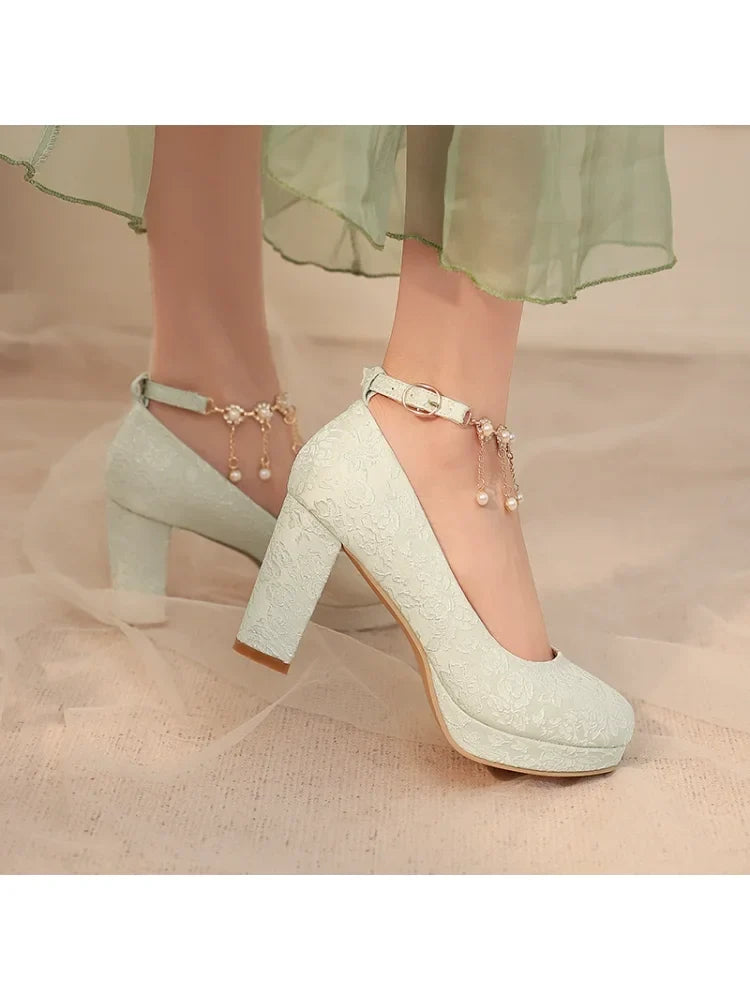 34-46 Elegant Cheongsam Round Toe Pearl One-piece High Heels | CoyBunny