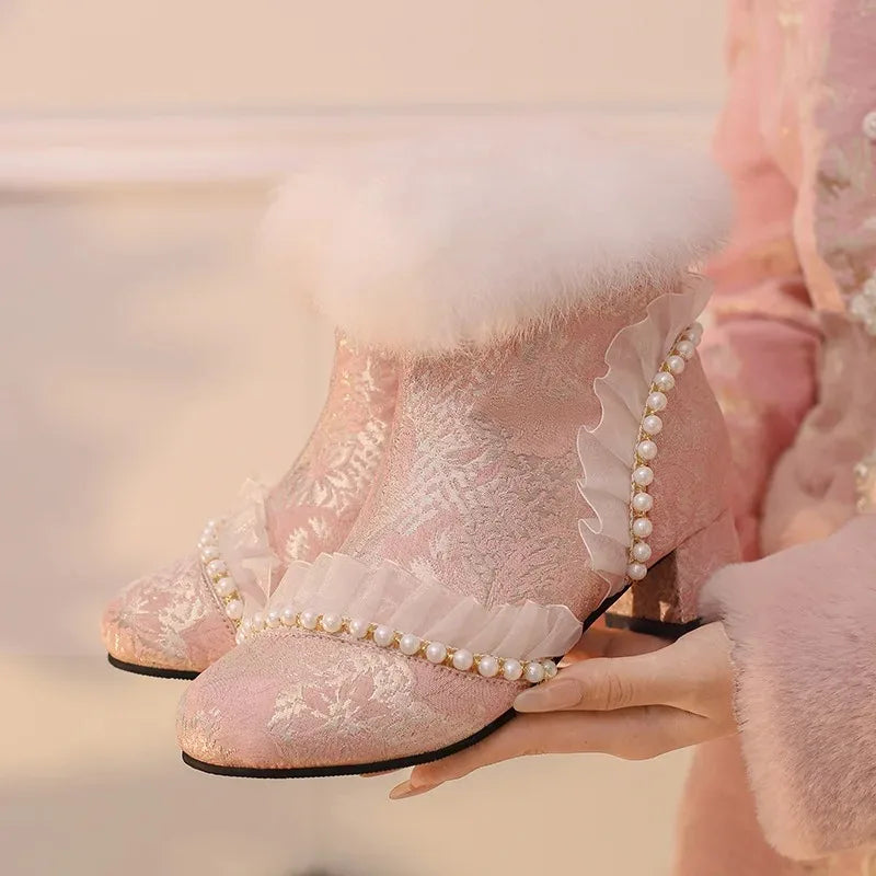 33-43 Elegant Cheongsam Beaded Rabbit Ankle Booties | CoyBunny