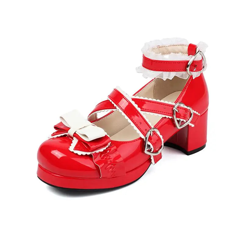 34-48 Sweet Lolita Pumps Block Heel Bowknot Ankel Buckle Strap Shoes | CoyBunny