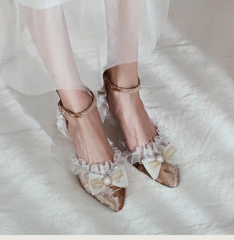 35-45 Red Metal Rhinestone Pearl Sandals Velvet Lolita Princess Shoes | CoyBunny