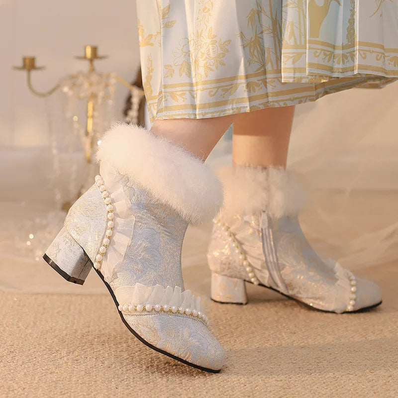 33-43 Elegant Cheongsam Beaded Rabbit Ankle Booties | CoyBunny
