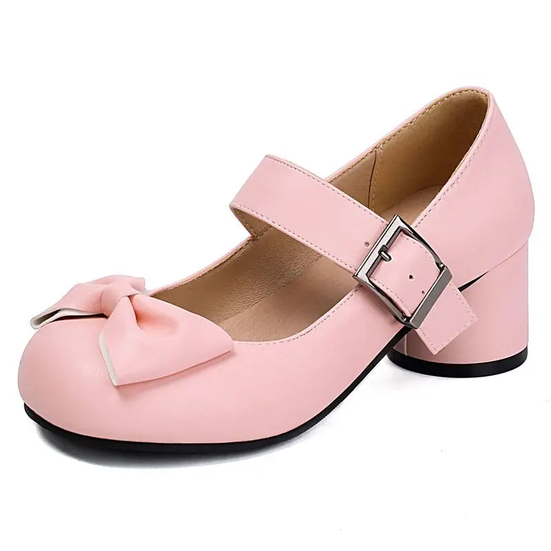 32-48 Mary Janes Pumps Round Toe Chunky Heels Buckle Strap Bowknot | CoyBunny
