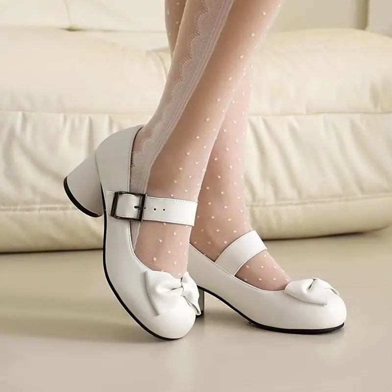 32-48 Mary Janes Pumps Round Toe Chunky Heels Buckle Strap Bowknot | CoyBunny