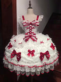 Red & White Lolita JSK Dress with Back Bow & Veil | Strappy Gown