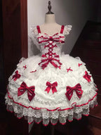 Red & White Lolita JSK Dress with Back Bow & Veil | Strappy Gown