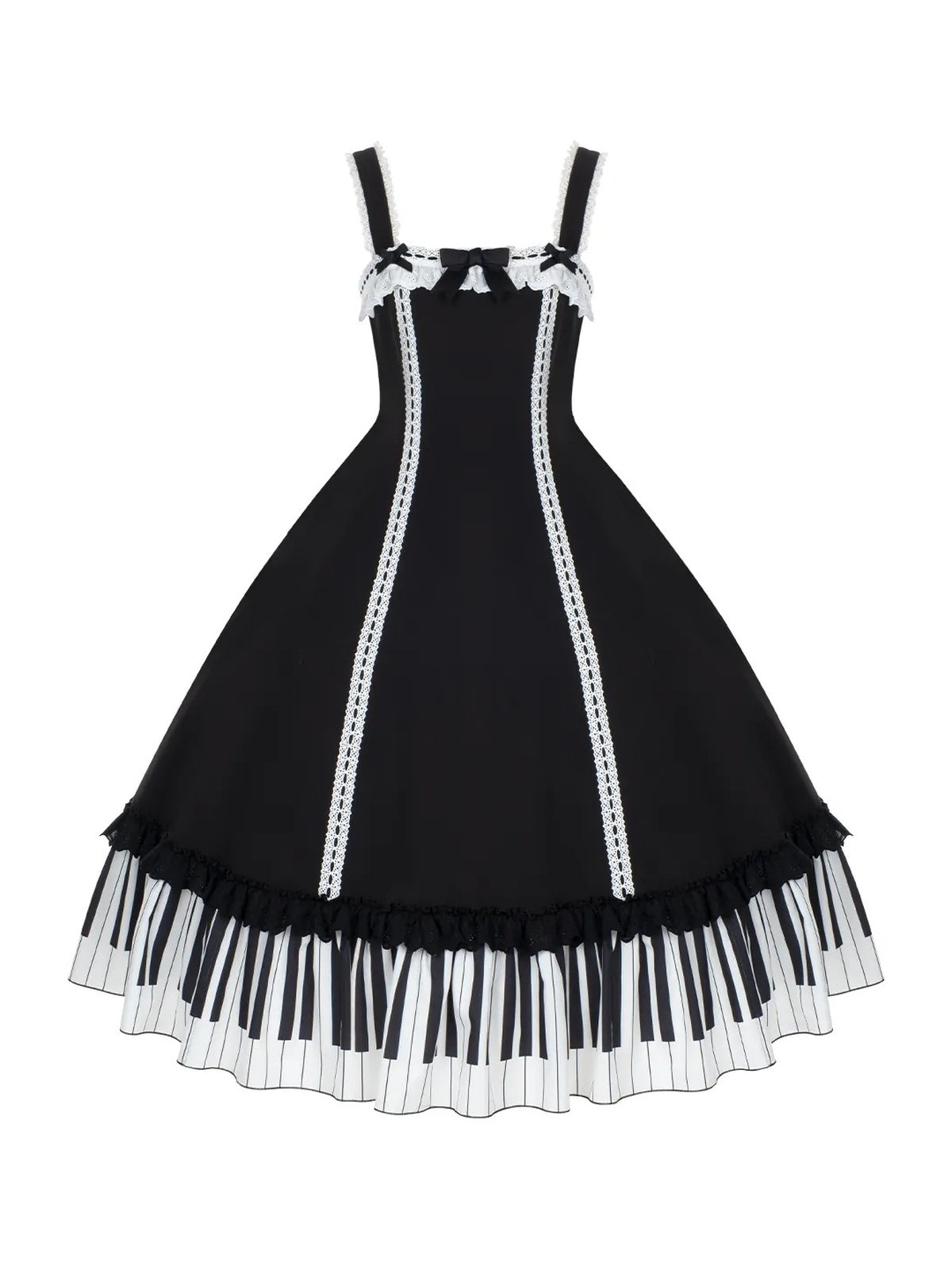 Black Print Lolita JSK Dress with Adjustable Straps & Ruffle Hem