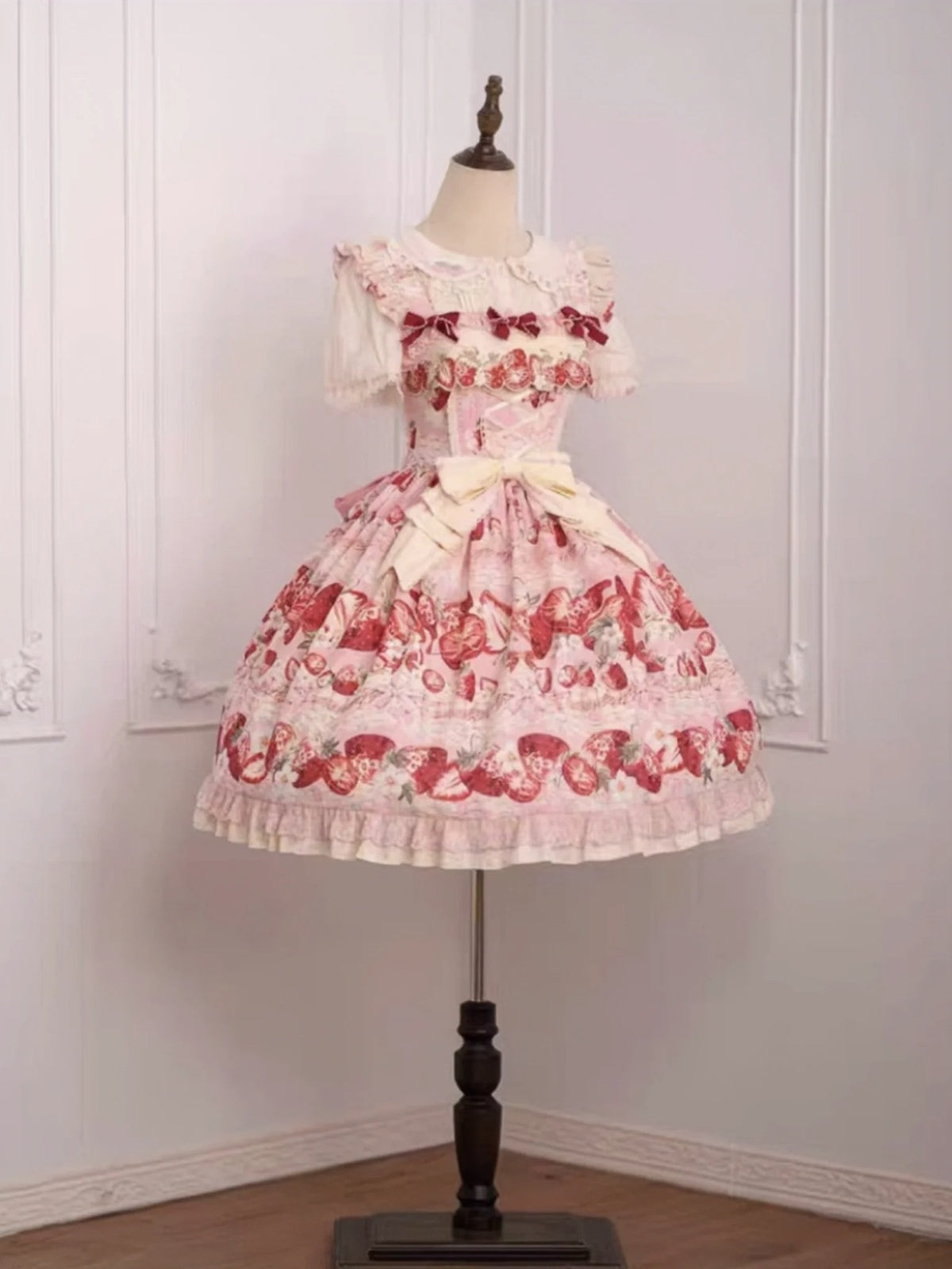 Sweet Strawberry Long Lolita JSK Dress Set with Blouse & Headband