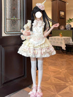 Sweet Pink Yellow Rabbit Maid Lolita OP Dress Set with Apron & Hat