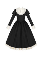Black Elegant Maid Lolita OP Set with Apron, Necktie & Headband