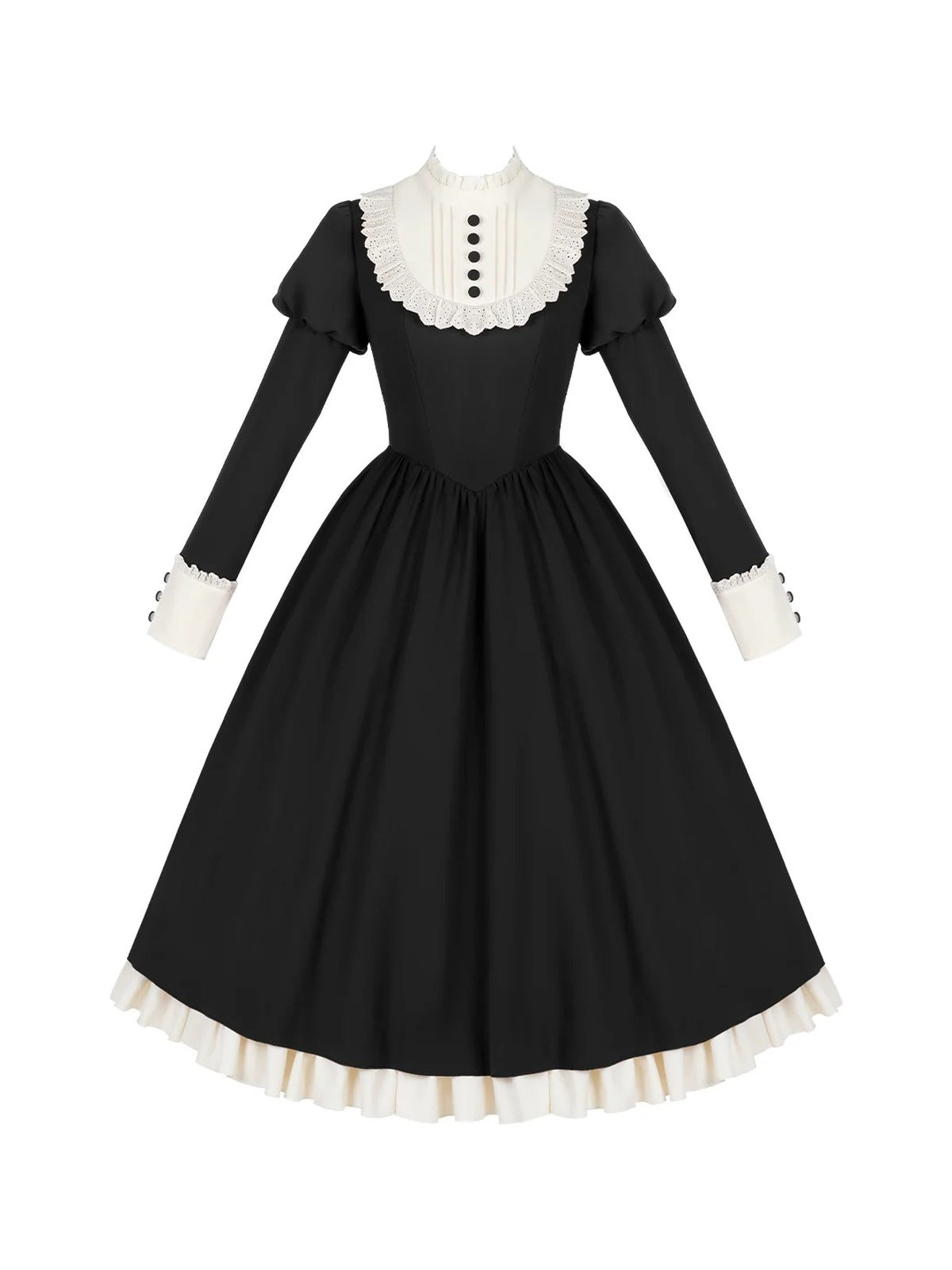 Black Elegant Maid Lolita OP Set with Apron, Necktie & Headband