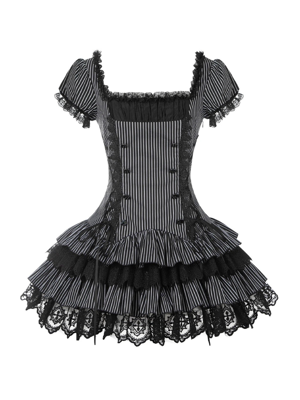 Striped Sweet Lolita Puff Skirt OP Set with Top Hat & Sleeves