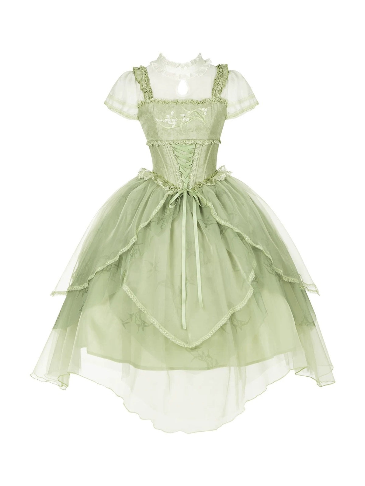 Green Chinese Style Lolita Petal Hem Print OP with Lift-Up Skirt