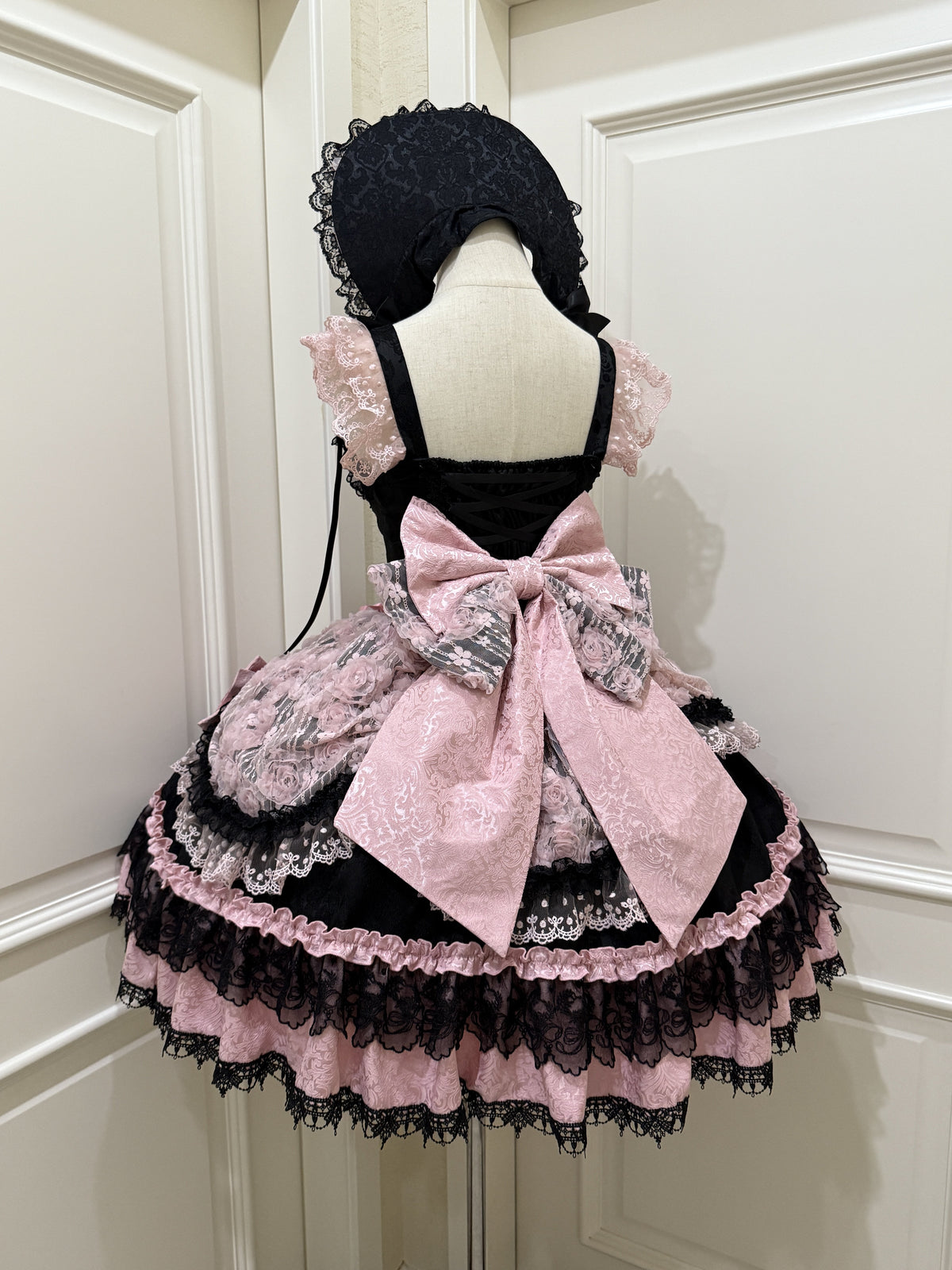 Black Pink Gothic Lolita JSK Dress Set with Bonnet | Doll Gown