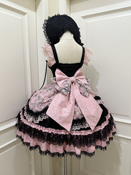 Black Pink Gothic Lolita JSK Dress Set with Bonnet | Doll Gown