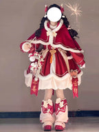 Red New Year & Christmas Lolita Dress Full Set with Cloak & Train