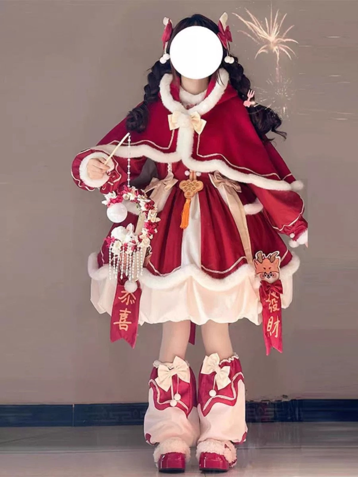 Red New Year & Christmas Lolita Dress Full Set with Cloak & Train