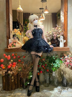 Elegant Black Gothic Lolita Halter JSK Dress with Sleeves & Hair Clip