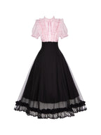 Black Pink Color Block Lolita Long Dress with Rhinestone Necktie