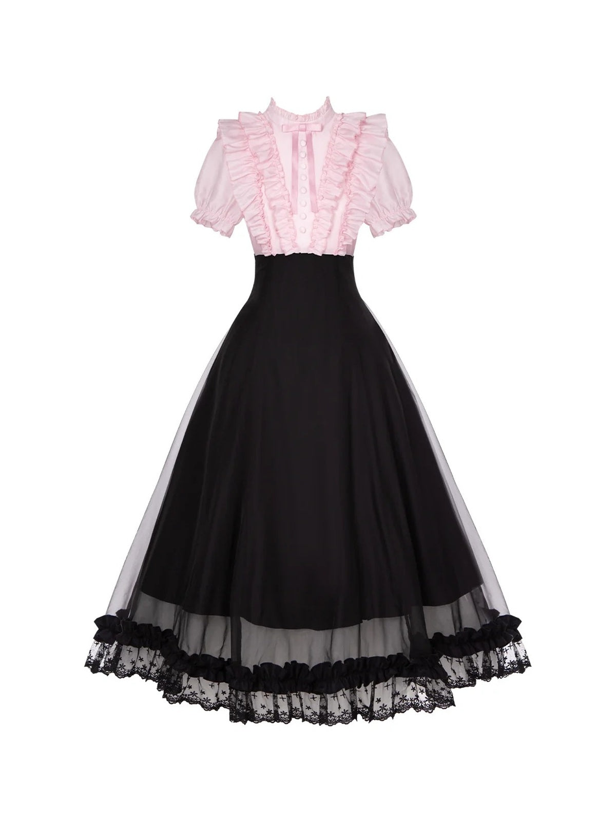 Black Pink Color Block Lolita Long Dress with Rhinestone Necktie