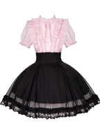 Black Pink Color Block Lolita Short Dress with Rhinestone Necktie
