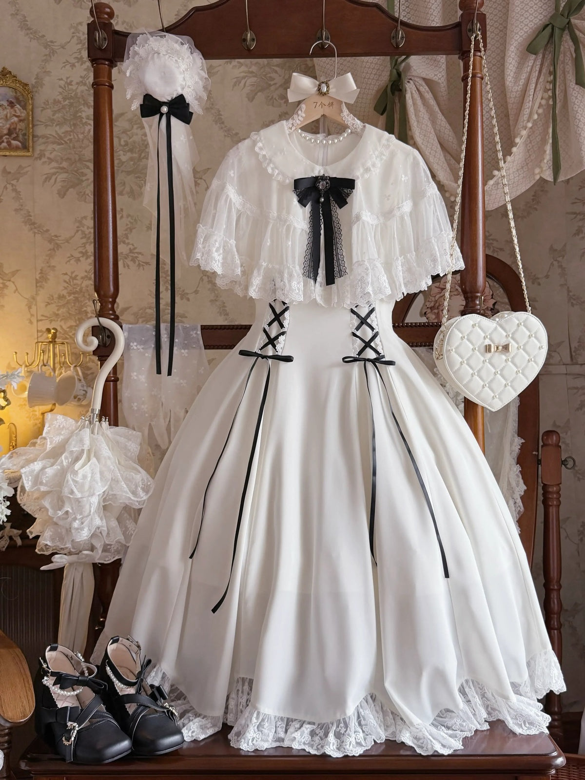 Elegant White Classic Lolita Dress Short Sleeve Midi JSK Full Set