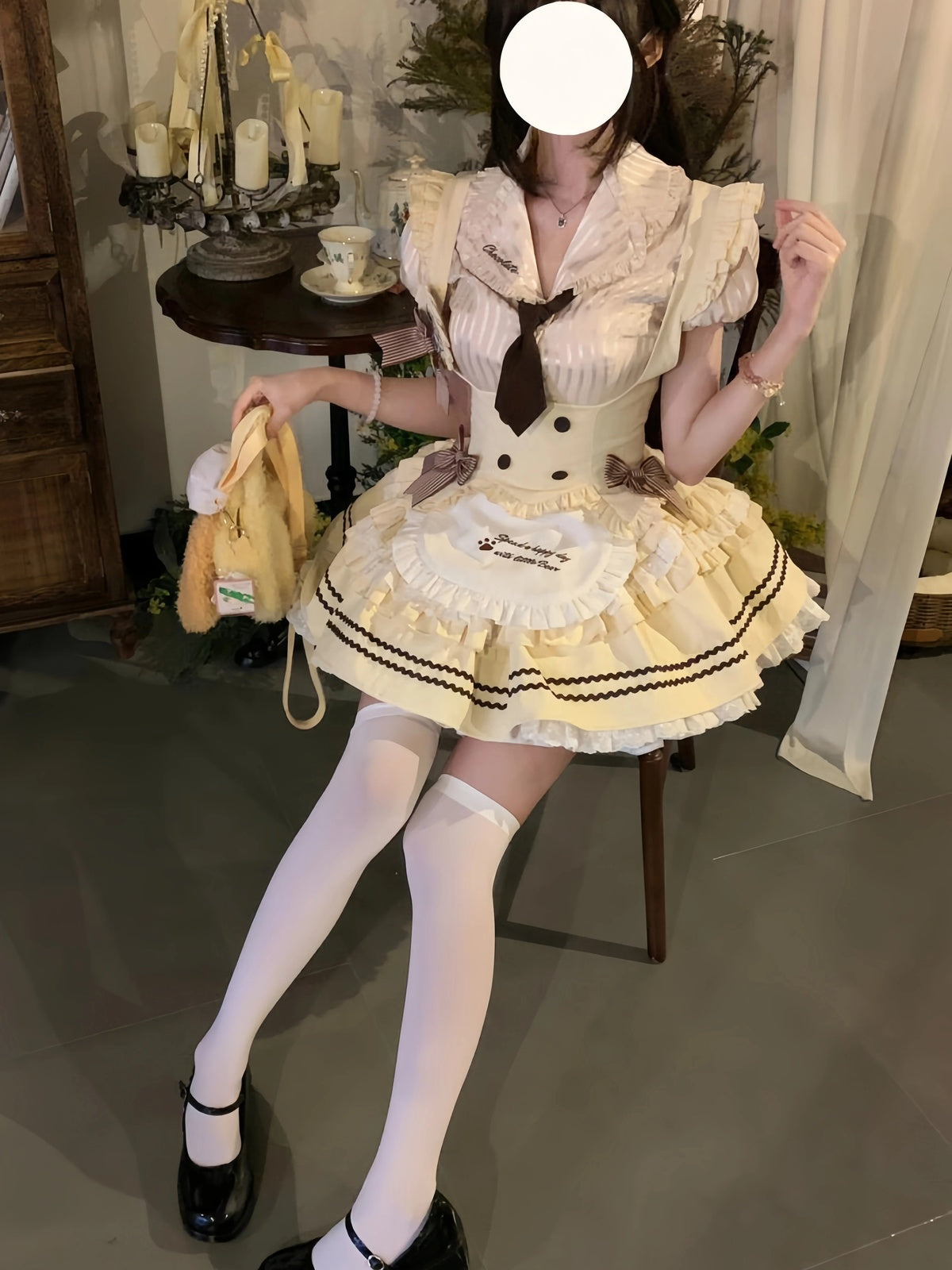 Cream Yellow Sweet Maid Lolita Dress Set with Blouse & Vest 3-Piece