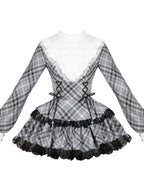 Gingham Sweet Lolita Ruffle Dress Set with Slim Panel Cut