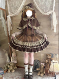 Brown Plaid Lolita Dress Set with Vintage Cape & Long Sleeve Blouse