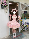 Pink Stripe Sweet Lolita OP Dress Full Set with Hat & Detachable Sleeves