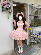 Pink Stripe Sweet Lolita OP Dress Full Set with Hat & Detachable Sleeves