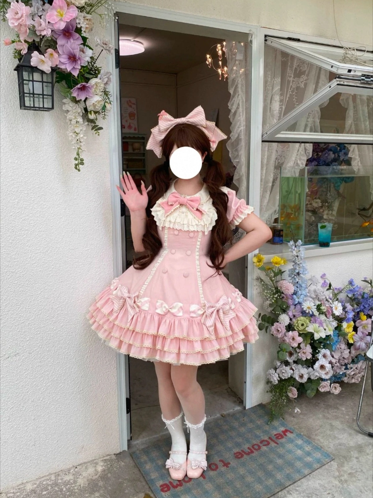 Pink Stripe Sweet Lolita OP Dress Full Set with Hat & Detachable Sleeves