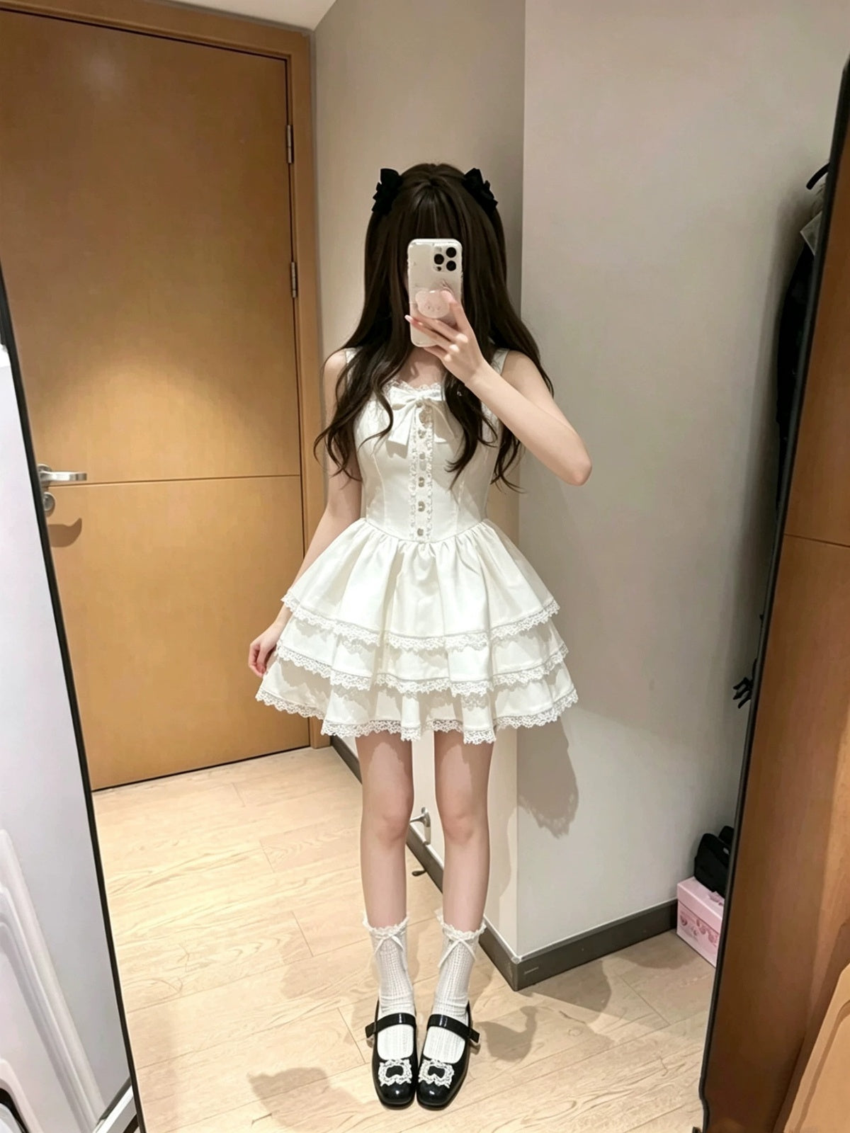 Cute Apricot Sweet Lolita Dress Short Sleeve Tiered JSK Petticoat Set