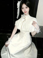 Elegant Off White Vintage Lace Lolita Dress Short Sleeve Midi JSK Set
