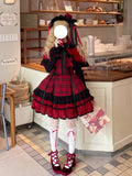 Red Plaid Lolita Dress Set with Bowknot Cape & Blouse Full Set