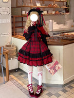 Red Plaid Lolita Dress Set with Bowknot Cape & Blouse Full Set