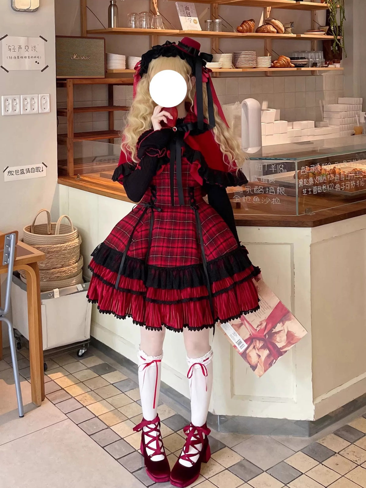 Red Plaid Lolita Dress Set with Bowknot Cape & Blouse Full Set