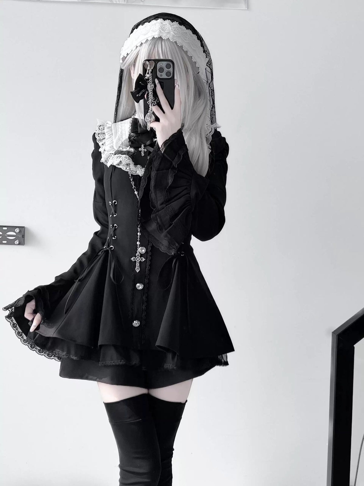 Black & White Gothic Lolita Nun Dress Set - Jirai Kei Subculture