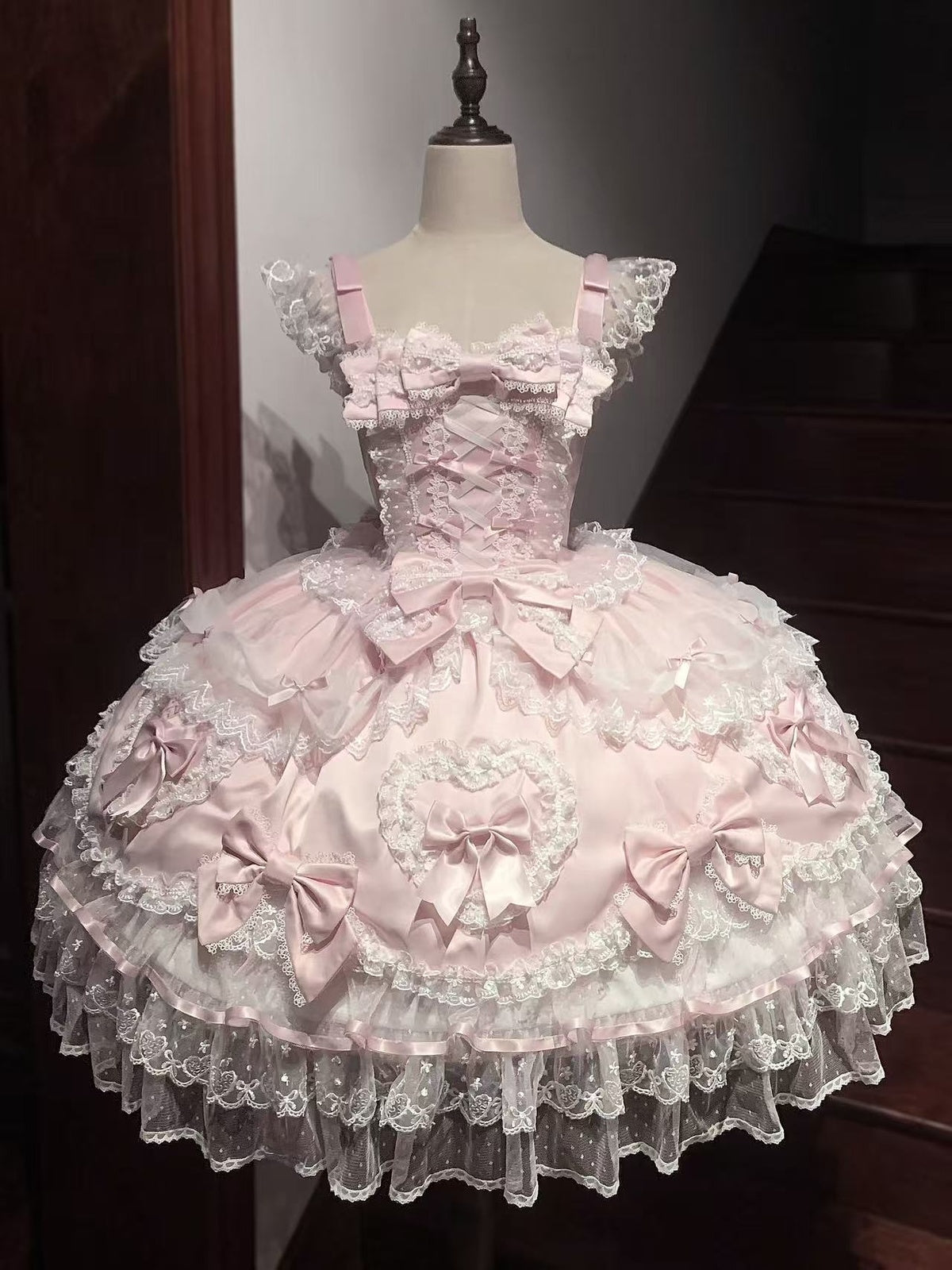 Pink Lolita JSK Dress with Back Bow & Veil | JSK Strappy Gown