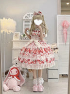 Sweet Strawberry Long Lolita JSK Dress Set with Blouse & Headband