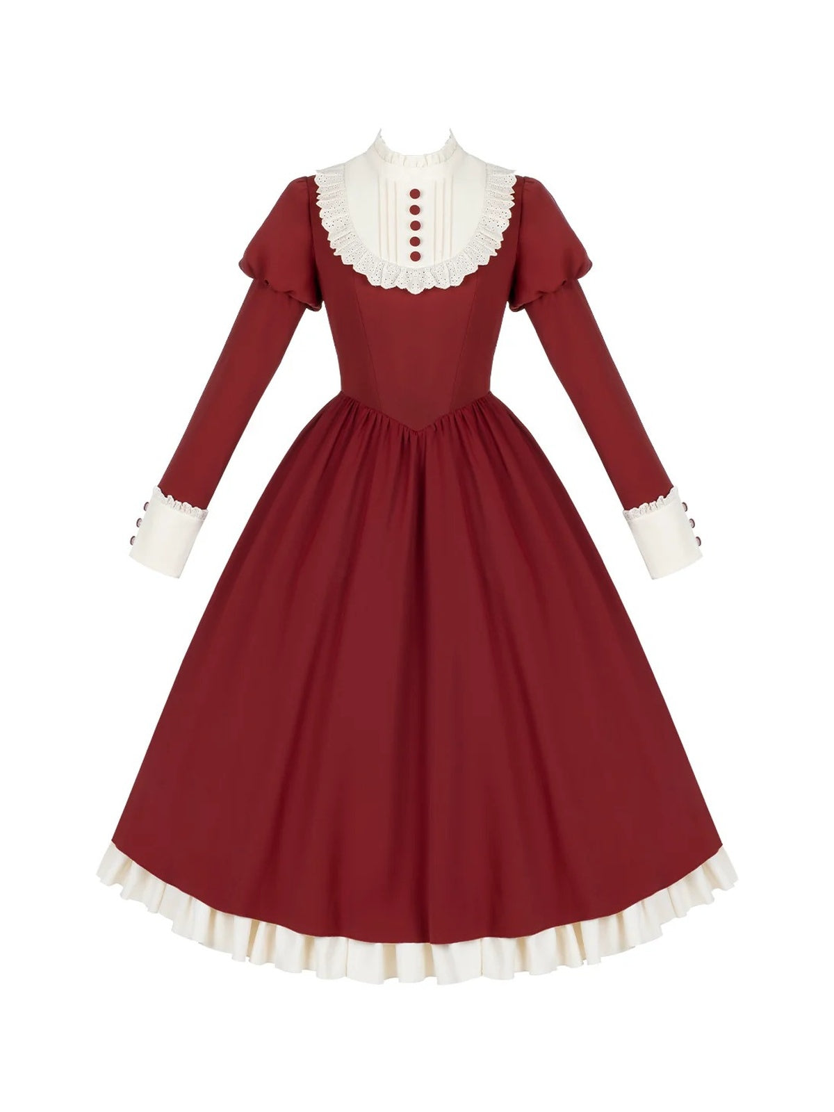 Red Elegant Maid Lolita OP Set with Apron, Necktie & Headband