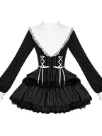 Striped Sweet Lolita Ruffle Dress Set with Slim Panel Cut